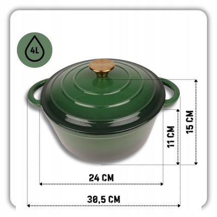 Hage - Braadpan - Geëmailleerde Gietijzeren Braadpan - Casserole - Geschikt voor Inductie, Gas & Oven - Inclusief Pannenonderzetter & Handgreepbeschermers - 4 Liter - Ø24 x 12 cm - Donkergroen