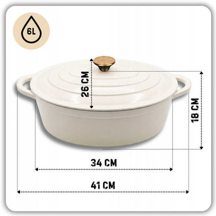 Hage - Gietijzeren Braadpan - Braadpan - Cast Iron Casserole met Deksel - Geëmailleerd - Geschikt voor Inductie & Oven - 6 Liter - 34 x 26 x 18 cm - Crème