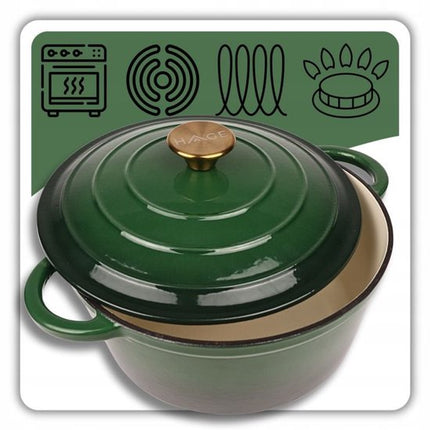 Hage - Braadpan - Geëmailleerde Gietijzeren Braadpan - Casserole - Geschikt voor Inductie, Gas & Oven - Inclusief Pannenonderzetter & Handgreepbeschermers - 5 Liter - Ø26 x 18 cm - Donkergroen