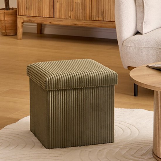 Pouf coffre Atmosphera Essestial velours côtelé - pliable - vert - MDF / polyester - 38 cm - avec espace de rangement - assise supplémentaire