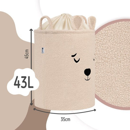 SIPO Speelgoedmand - Premium Bouclé-Editie - Opbergbak - Opbergmand - Met Drawstring Sluiting - Set van 2 - Beige Beer & Roze Kat Design - Voor Speelgoed - Kleding - Textiel - XL - 43 Liters - 35 x 35 x 45 cm - Beige & Roze