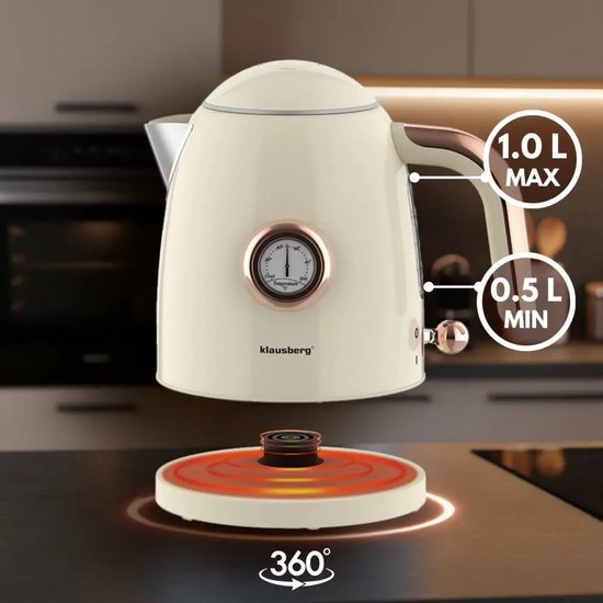 Klausberg retro waterkoker met thermometer – 1 liter, 1200 W, RVS, crème – foto 3