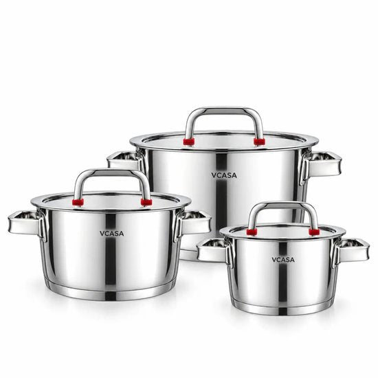 Vcasa pannenset 6-delig, 3 kookpannen 16, 20 en 24 cm met glazen deksels, rvs