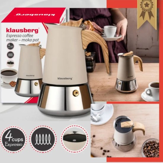 Klausberg Espresso Coffee Maker - 300 ml Induction – Stainless Steel – KB-7995 Beige / Silver