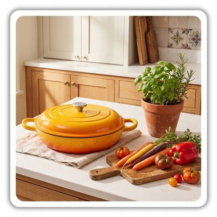 Hage - Braadpan - Lage Gietijzeren Braadpan met Deksel - Geëmailleerd - Oven & Inductie Geschikt - Voor Braden, Stoven en Ovenschotels - 3 Liters - 40.5 x 30 x 10.5 cm - Mosterdgeel