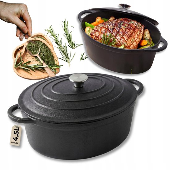 Hage - Dutch Oven - Cast Iron Dutch Oven with Lid - For Induction, Gas, Oven, Grill and Fire - 4.5 Liters - 28 x 21 x 11 cm - Black