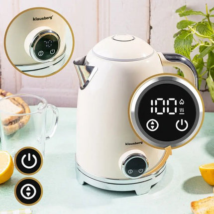 Klausberg - Waterkoker - Elektrische Waterkoker - Waterkoker - Thee Waterkoker met Thermometer - Warmhoudfunctie - RVS - 1.7L - 2200W - Beige