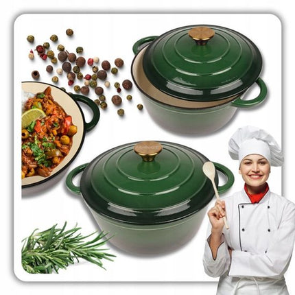 Hage - Braadpan - Geëmailleerde Gietijzeren Braadpan - Casserole - Geschikt voor Inductie, Gas & Oven - Inclusief Pannenonderzetter & Handgreepbeschermers - 5 Liter - Ø26 x 18 cm - Donkergroen