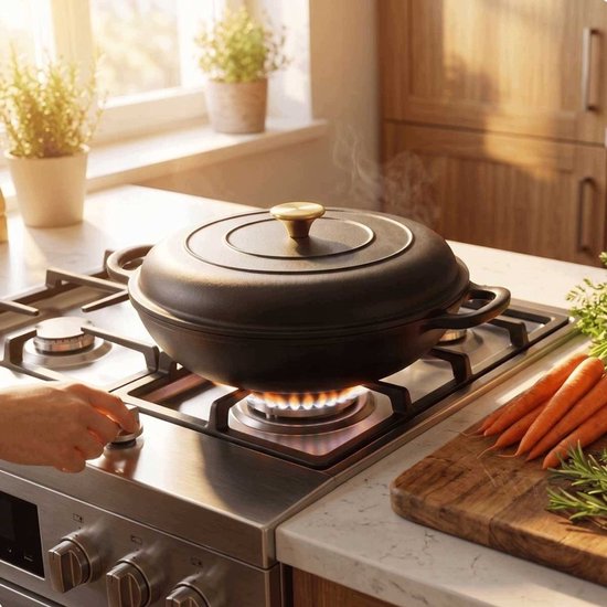 Hage Lage Gietijzeren Braadpan met Deksel – 3 L – Mat Zwart