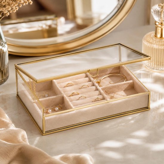 Atmosphera Sieradenkistje Classico - 24 x 14 x 7 cm - transparant / beige - Juwelenkistje met deksel - vakjes indeling - Luxe cadeau