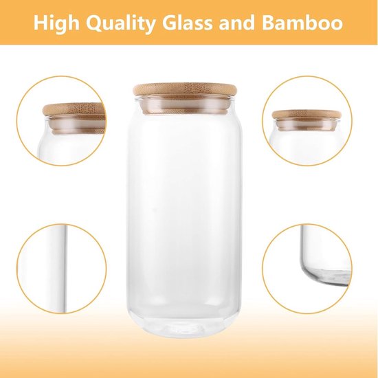 Drinkglas - Smoothie Glas - Ijskoffie Glas - Glas met Bamboe Deksel en Rietje - Herbruikbaar Drinkglas - 550ml - 16.1 x 7.7 cm - Transparant