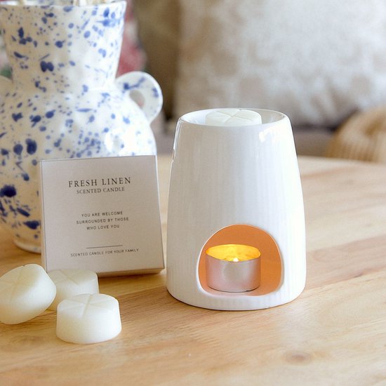 Homla - Fires Geurbrander - Aroma Brander - Inclusief Geurwax - Geurverspreider - voor Woonkamer & Badkamer - Decoratie Cadeau - Keramiek met Wax Fresh Linen - Wit