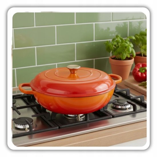 Hage - Braadpan - Lage Gietijzeren Braadpan met Deksel - Geëmailleerd - Oven & Inductie Geschikt - Voor Braden, Stoven en Ovenschotels - 3 Liters - 40,5 x 30 x 10,5 cm - Oranje