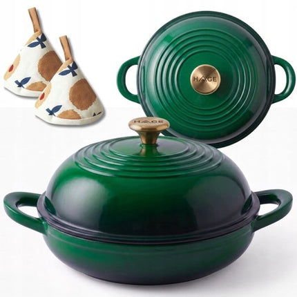 Hage - Gietijzeren Broodpan - Geëmailleerde Bakpan met Deksel - Voor Zelfgebakken Brood & Ovenschotels - Inductie, Gas & Ovenbestendig - Inclusief Pannenhouder & Handbeschermers - 2L - Ø26 x 16.5 cm - Flesgroen
