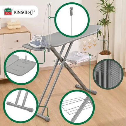Kinghoff - Strijkplank - Grote Opvouwbare Strijkplank - Heat Reflect Technologie - Verstelbare Hoogte - Strijkplank met Strijkijzerhouder & Wasrek - Antislip Voeten - 122 x 38 cm - Grijs