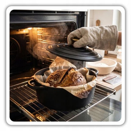 Hage - Gietijzeren Kookpot - Geëmailleerde Braadpan met Deksel - Geschikt voor Inductie, Gas & Oven - Stoofpan, Sudderpan & Bakpan - Inclusief Pannenhouder & Beschermende Handvatten - 3 Liters - Ø22 x 13 cm - Matte Zwart