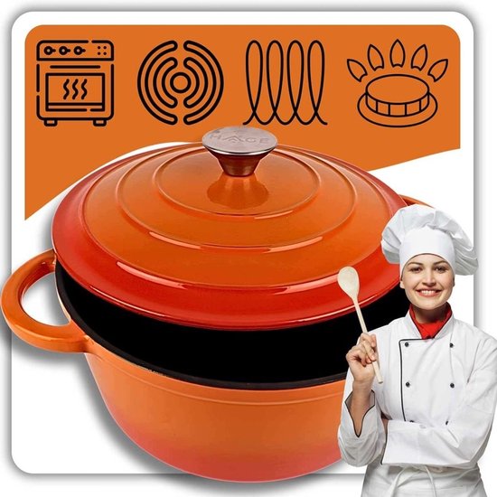 Hage - Kochtopf - Gusseisentopf mit Deckel - Emailliert - Induktions- & Ofengeeignet - Inklusive Mini-Ofenhandschuhen & Untersetzer - Zum Braten, Schmoren, für Suppen & Brot - 4 Liter - Ø24 cm - Orange