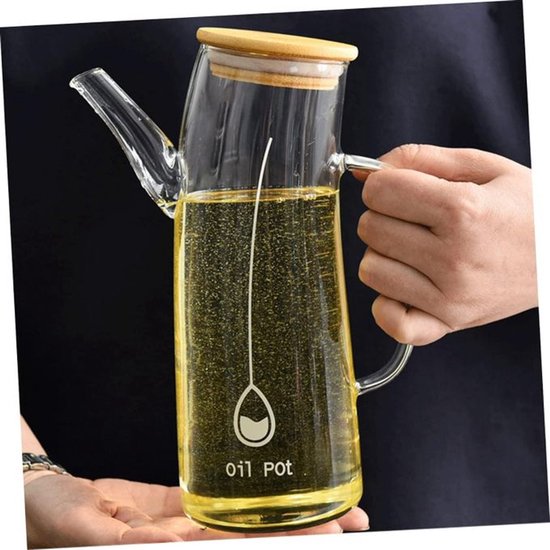 Glazen oliefles met houten deksel en schenktuit – olie- en azijnfles, 550 ml – foto 3