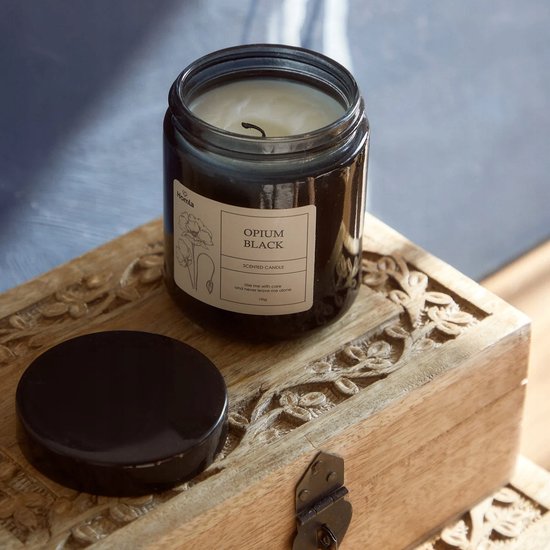 Homla - Tofu Geurkaars - Scented Candle - Decoratieve Kaars in Pot met Deksel - Vintage Design - voor Woonkamer Sfeer - Opium Geur - 190g - 30 uur Brandtijd - Zwart