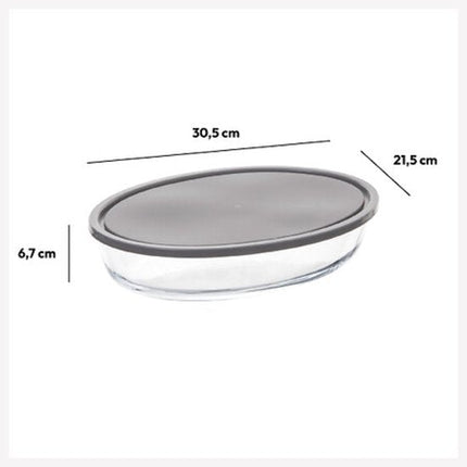 Glazen Ovenschaal Set - Set van 3 - Ovenschalen met Deksel - Magnetronbestendig - Voor Bakken, Bewaren en Opwarmen - Rechthoekige, Ovale en Ronde Bakschaal - Grijs & Transparant