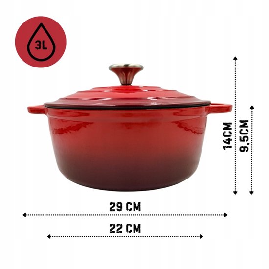 Hage - Rotes Küchenset - 3 L Gusseisen-Kochtopf mit Deckel - 22 cm - Manuelle Salz- und Pfeffermühlen - 2er-Set - Keramikmahlwerk - Emailliert - Induktion - Ofen