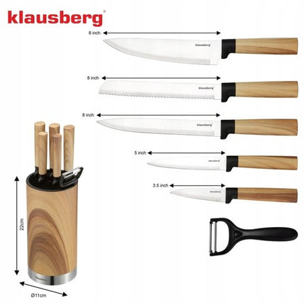 Klausberg - Messenset - 7-Delige - Keukenmessenset - 5 RVS Keukenmessen - Groenteschiller - Messenhouder - Keukenaccessoires met Dunschiller en Messenblok - Natuurlijk Houtlook