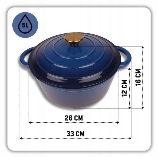 Hage - Ensemble de cuisine 3 pièces - Poêle en fonte 20 cm & Cocotte 5L avec couvercle - 2 Moulins à sel et poivre manuels 100 ml - Émaillé - Induction, Gaz & Four - Bleu