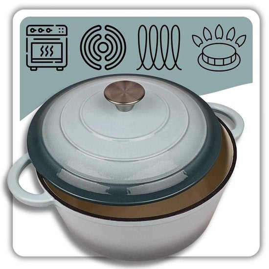 Hage - Kookpan - Gietijzeren Pot met Deksel - Geëmailleerd - Inductie & Oven Geschikt - Inclusief Mini Ovenhandschoenen & Onderzetter - Voor Braden, Stoven, Soep & Brood - 4 Liters - Ø24 cm - Mintgroen