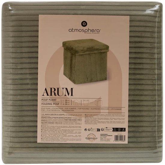 Pouf coffre Atmosphera Essestial velours côtelé - pliable - vert - MDF / polyester - 38 cm - avec espace de rangement - assise supplémentaire