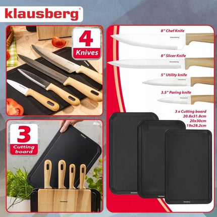Klausberg - Messenset - 8 Delig - Keukenmessenset - Messenblok met 4 RVS Messen - 3 Snijplanken - Keuken Accessoires met Snijplanken en Houder - Zwart en Natuurlijke Kleur