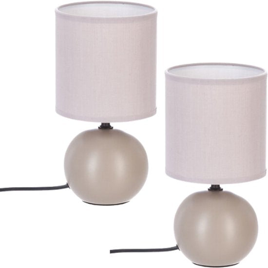 Timéo Tafellamp - Bol Lamp - Nachtlampje - Set van 2 - Tafellamp met Stoffen Kap - Sfeerverlichting - Ø13 x 25 cm - Keramiek - Mat Taupe