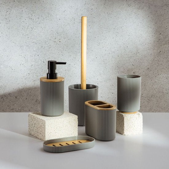 Homla Loreto badkamer accessoires set 5-delig – grijs met bamboe – foto 3