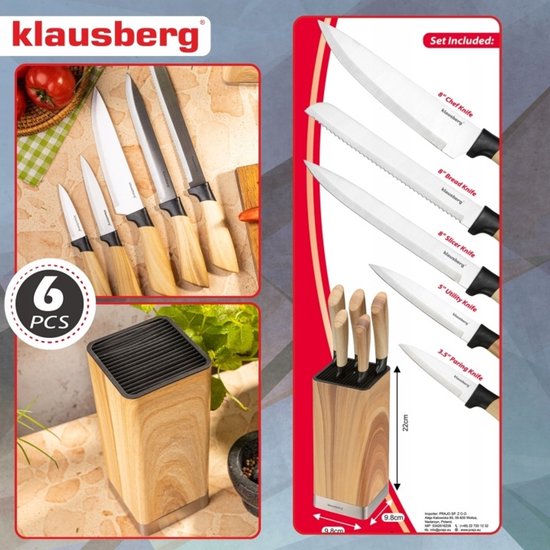 Klausberg messenset 6-delig – 5 RVS keukenmessen met messenblok, houtlook – foto 5