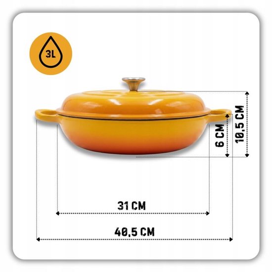 Hage - Cocotte - Cocotte basse en fonte avec couvercle - Émaillée - Compatible four et induction - Pour rôtir, mijoter et gratins - 3 litres - 40,5 x 30 x 10,5 cm - Jaune moutarde