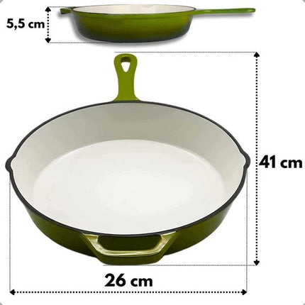 Hage - Koekenpan - Geëmailleerde Gietijzeren Koekenpan - Cast Iron Frying Pan - Geschikt voor Inductie, Gas & Oven - Ø26 cm - Olijfgroen