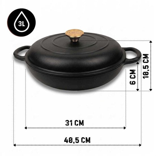 Hage Lage Gietijzeren Braadpan met Deksel – 3 L – Mat Zwart