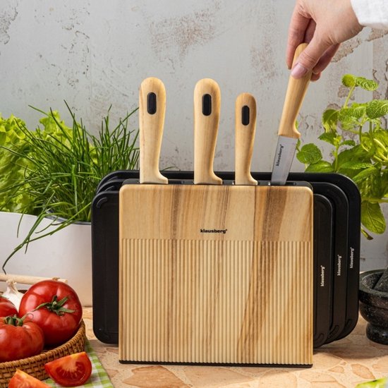 Klausberg - Messenset - 8 Delig - Keukenmessenset - Messenblok met 4 RVS Messen - 3 Snijplanken - Keuken Accessoires met Snijplanken en Houder - Zwart en Natuurlijke Kleur