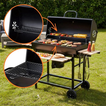 Großer Holzkohlegrill auf Rädern mit Deckel, Thermometer und verstellbaren Rosten – Ideal für den Garten