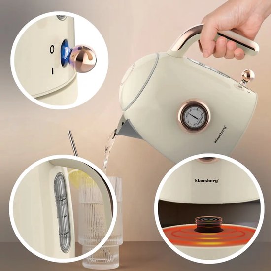Klausberg retro waterkoker met thermometer – 1 liter, 1200 W, RVS, crème – foto 7