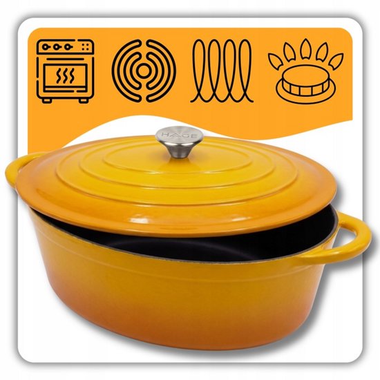 Hage - Gusseisen Bräter - Schmortopf - Bräter aus Gusseisen mit Deckel - Emailliert - Geeignet für Induktion & Backofen - 6 Liter - 34 x 26 x 18 cm - Senfgelb
