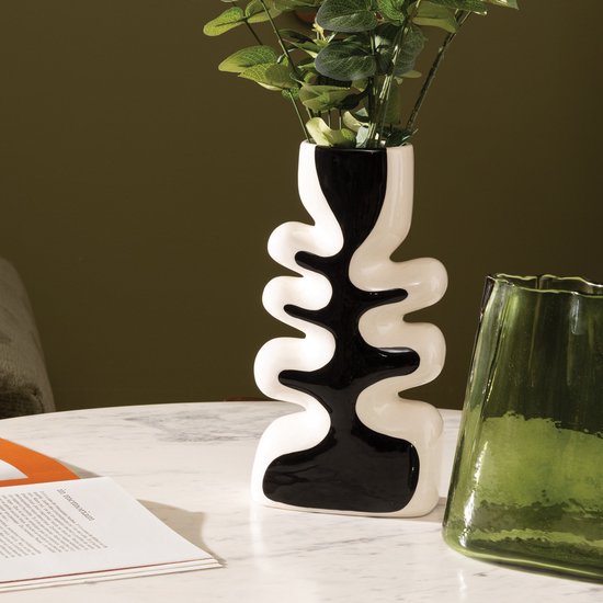 Atmosphera Twisted Lime Keramische Vaas - 9x28x15cm - Zwart / beige