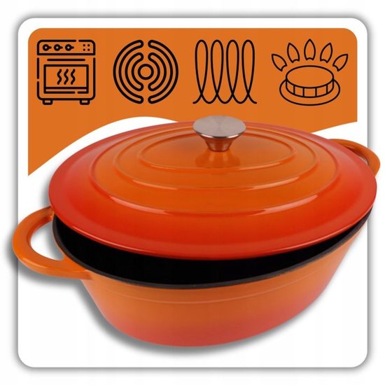 Hage - Bräter - Emaillierter gusseiserner Bräter mit Deckel - Ofen- & Induktionsgeeignet - Zum Braten, Schmoren und für Aufläufe - 6 Liter - 34 x 26 x 18 cm - Orange