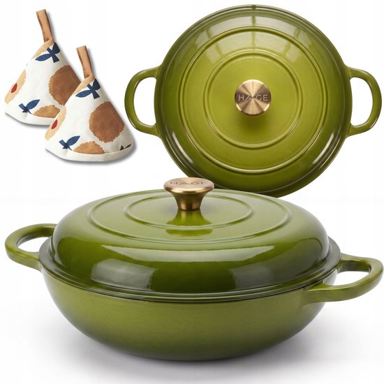 Hage - Cocotte - Cocotte basse en fonte avec couvercle - Émaillée - Compatible four et induction - Pour rôtir, mijoter et gratins - 3 litres - 40,5 x 30 x 10,5 cm - Vert olive
