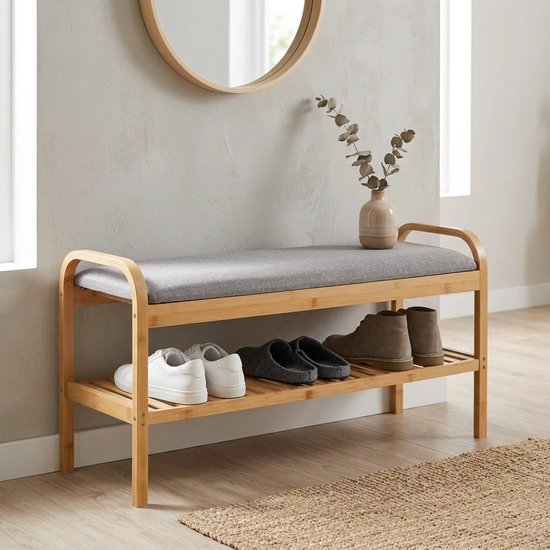 5Five Schoenenrek Bankje - 2-laags - bamboe / kunststof - 90 x 34 x 45 cm - voor 4 paar schoenen