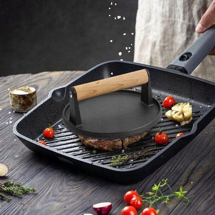 Kinghoff Gietijzeren Hamburgerpers Ø18 cm – Vleesprasser met Houten Handvat – Model KH-1759