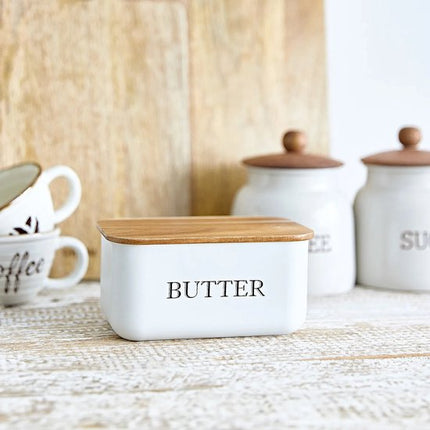 HOMLA - Avila Botervloot - Boterdoos - Moderne Boterschaal met Deksel - Butter Dish voor Koelkast & Tafel - Metaal en Acacia Hout - 15 x 10 x 7 cm - Wit & Hout