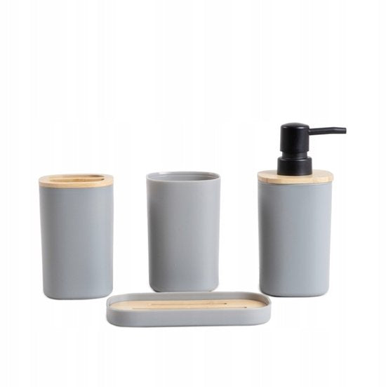 Homla - Tula Badkameraccessoiresset - 4 Delig Badkamer Accessoires Set - Badkamerset - Moderne Badkamer Accessoires - Zeeppompje met Bamboe - Badkamerbeker - Tandenborstelhouder - Zeepbakje - Grijs