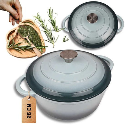 Hage - Kookpan - Gietijzeren Pot met Deksel - Geëmailleerd - Inductie & Oven Geschikt - Inclusief Mini Ovenhandschoenen & Onderzetter - Voor Braden, Stoven, Soep & Brood - 5 Liters - Ø26 cm - Mintgroen