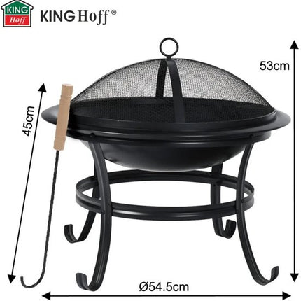 KINGHoff - Vuurkorf - Tuinhaard Buiten met Grill - Terras Vuurplaats met Vonkenscherm - Houtskool Vuurkorf Tuin - Inclusief Pook - Metaal - Ø54.5 x 53 cm - Zwart