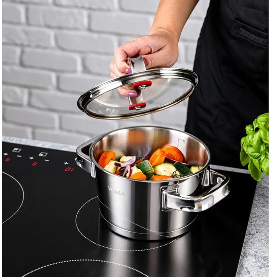 Kookpan 16 cm met glazen afgietdeksel en maatverdeling, 1,6 liter, rvs
